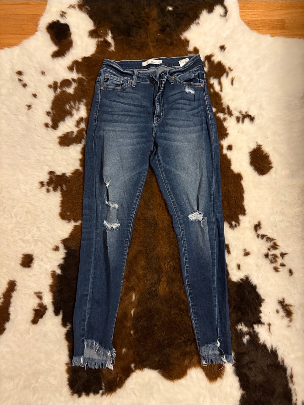 KanCan Dark Blue Distressed Skinny Jeans with Frayed Hem
